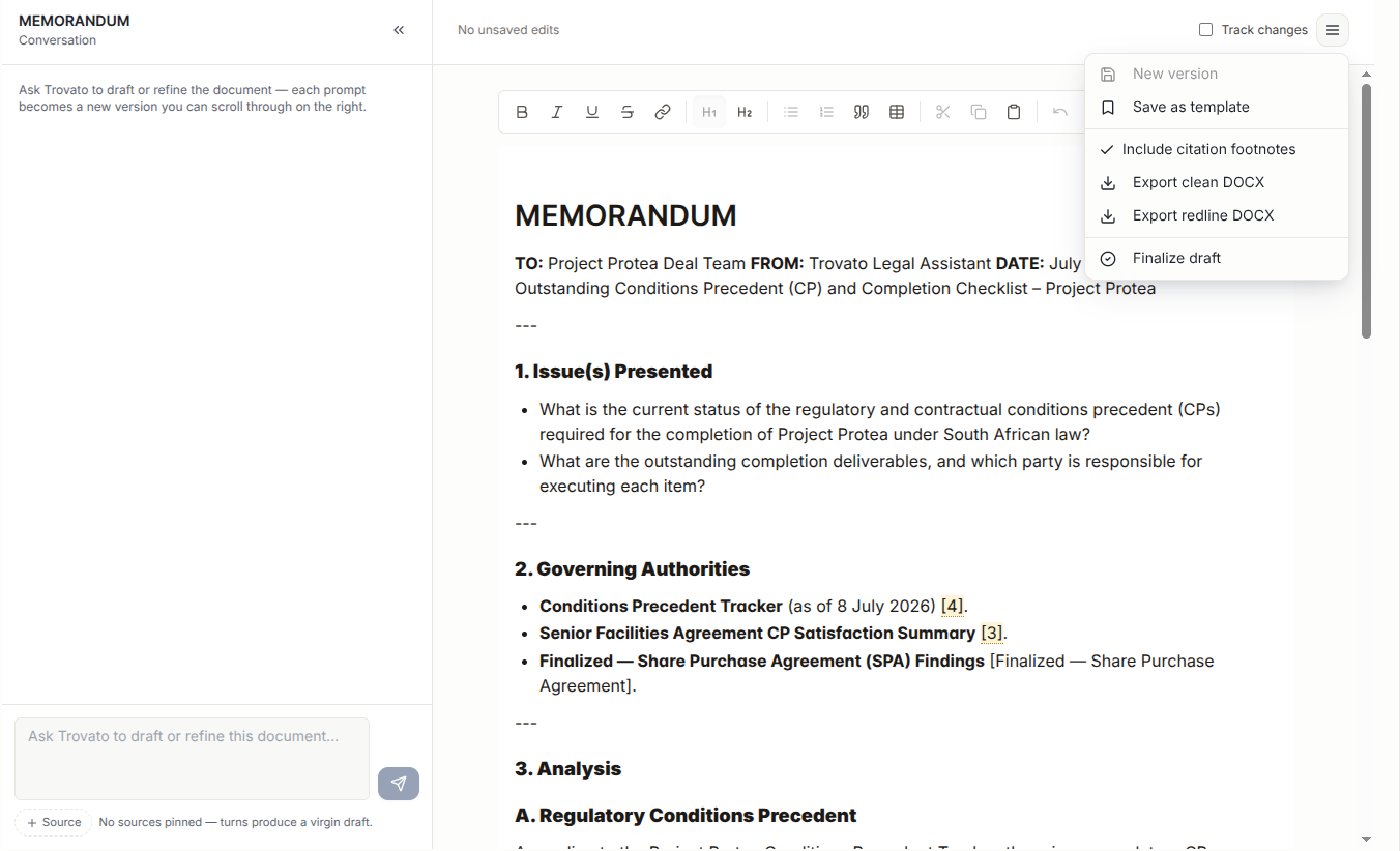 The drafting workspace: a memorandum on outstanding conditions precedent with gold inline citation markers, a conversation rail explaining that each prompt becomes a new version, a composer noting that no sources are pinned so turns produce a virgin draft, and an open export menu with “Include citation footnotes” ticked above clean DOCX, redline DOCX and finalise.