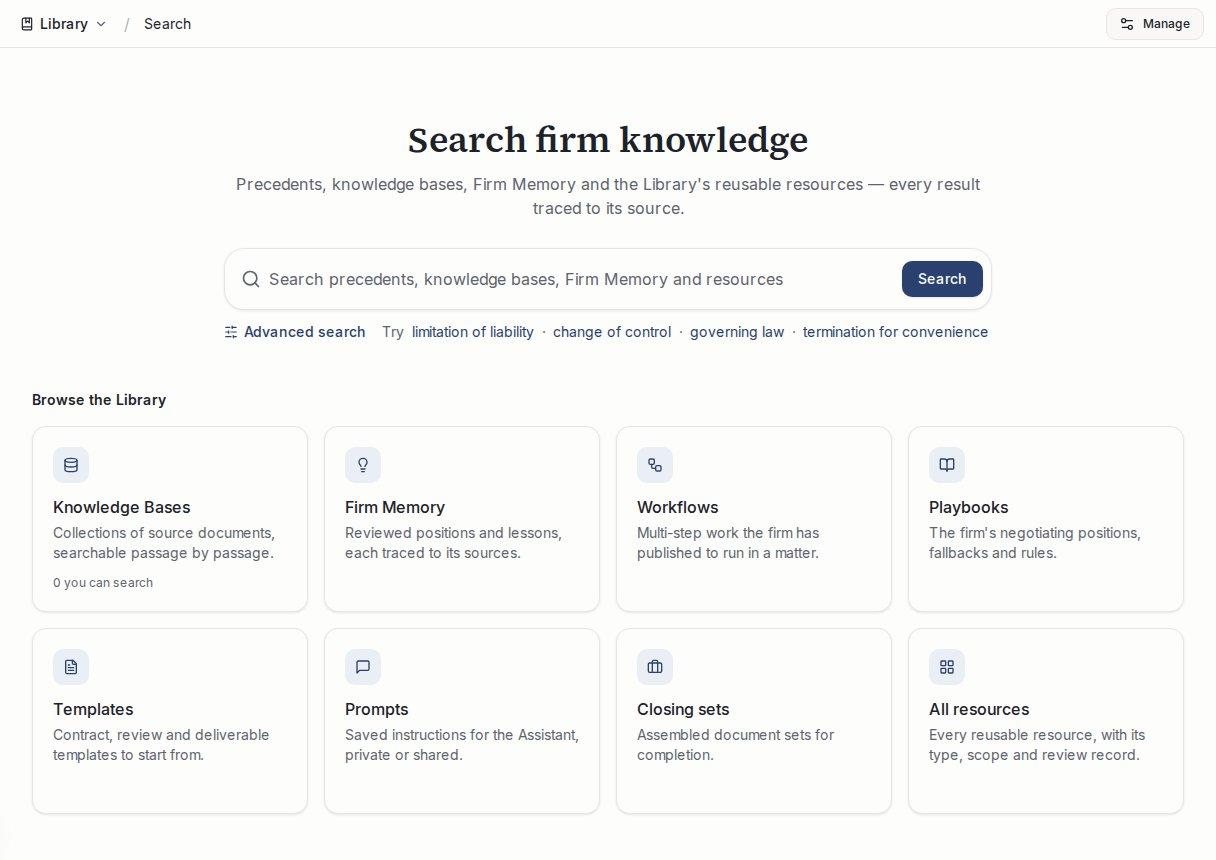 The Library search home shows a search field, suggested searches, a left menu for knowledge and resources, and a four-across grid of browsable resources.