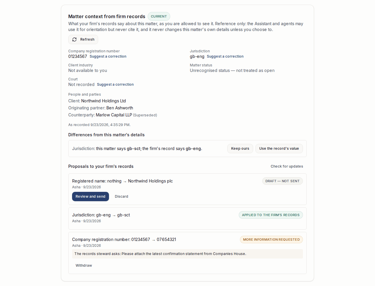 A Project's Matter context from firm records shows permitted details, differences between the firm record and the matter, and actions to keep the local value or use the record's value.