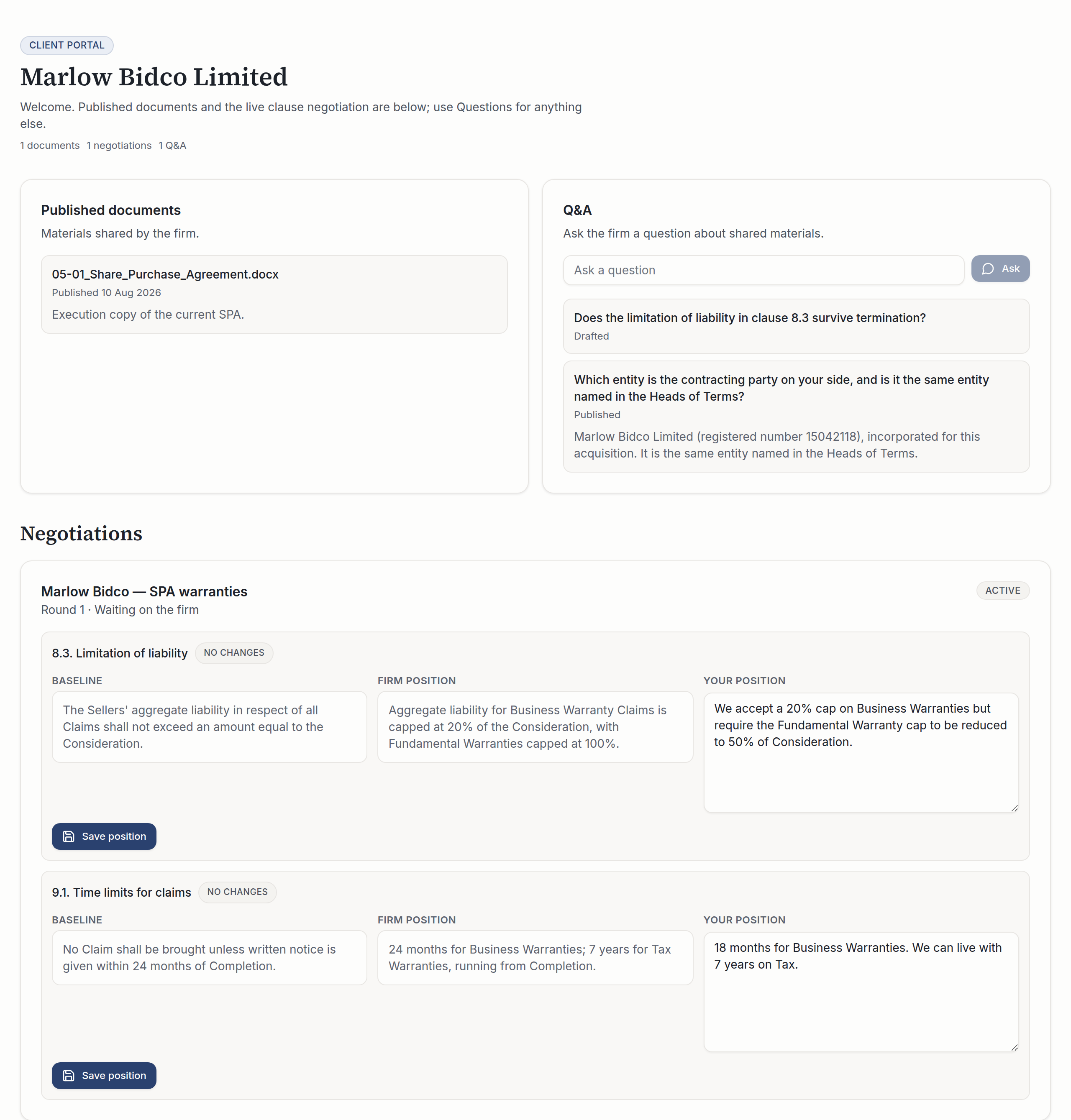 The client-facing portal: a published-documents card listing the shared share purchase agreement with its publish date and note; a Q&A card with an ask box, one question still drafted and one published with the firm's approved answer; and a negotiations section showing two clauses, each laid out as baseline, firm position and the counterparty's own editable position.