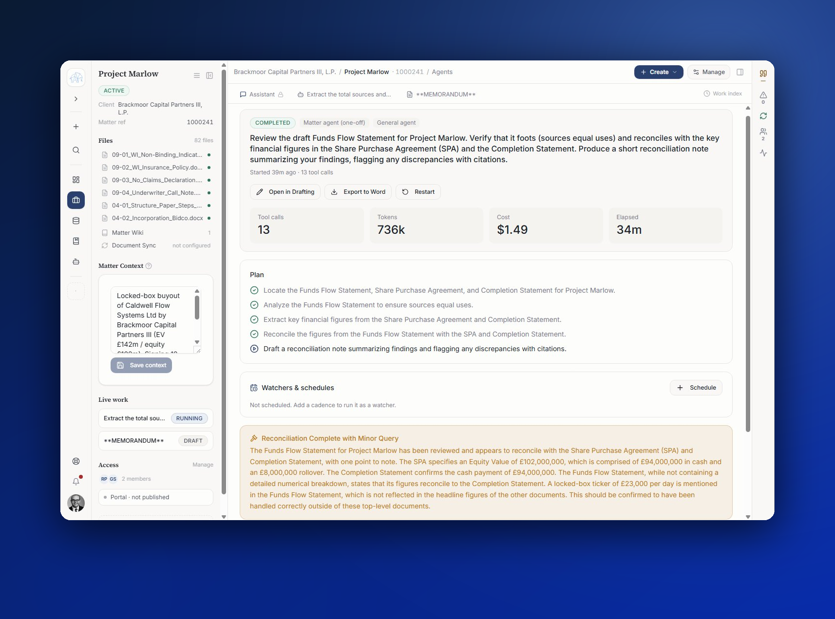 A completed Matter Agent run in Trovato: the plan, cost and token tiles, and a cited reconciliation deliverable