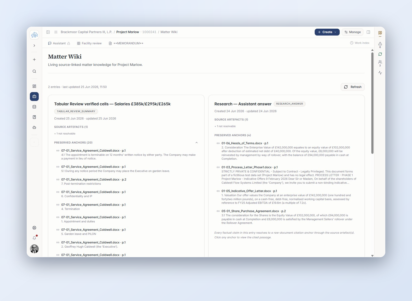 The Matter Wiki for a live deal: source-linked entries, each factual claim resolving to a citation anchor on a raw document