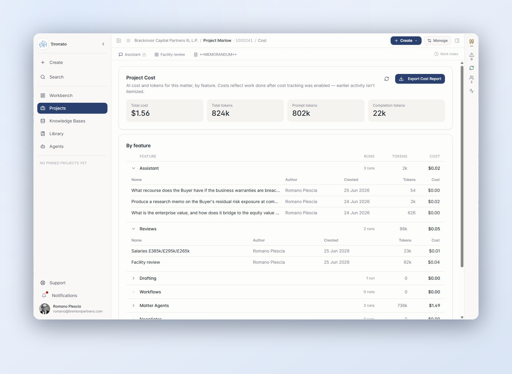 The per-matter cost report: AI cost and tokens broken down by feature, with an exportable cost report for client bill-back