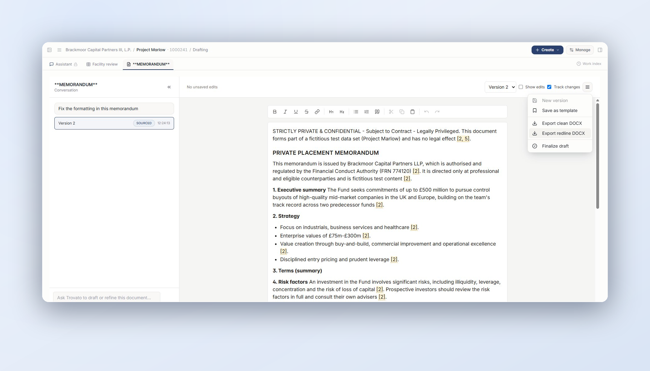 Drafting in Trovato: every claim carries a citation marker, with one-click export to a clean or tracked-changes DOCX