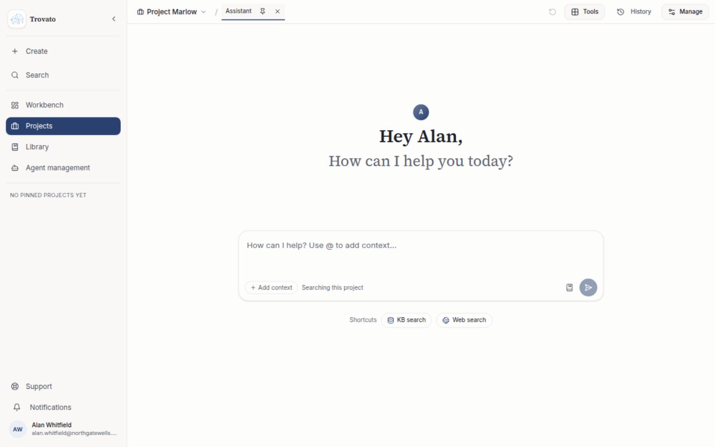 The Assistant landing page in Project Marlow, with a personal greeting, an open question composer, Add context, and shortcuts for knowledge-base and web search. The matter and Assistant tab remain visible in the workspace header.