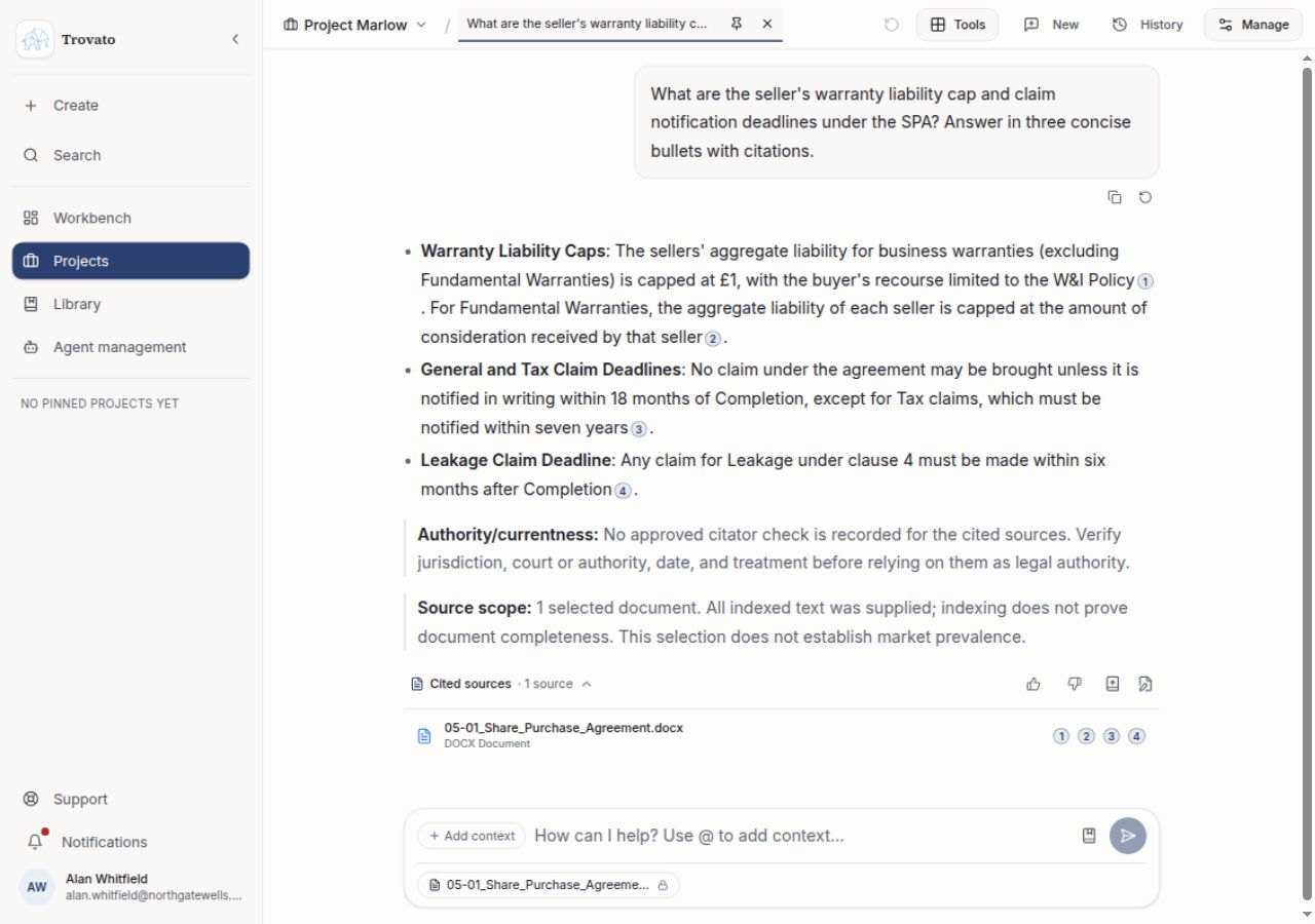 An Assistant conversation in Project Marlow: a question about seller warranty liability and claim deadlines, followed by a three-point answer with four citation chips. The example Share Purchase Agreement appears in the expanded cited-sources list, with authority and source-scope notes visible above it.